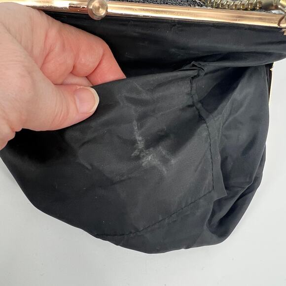 Vintage Beaded Handbag Purse Small Black Pink Floral Kiss Lock Chain Strap - Picture 6 of 11